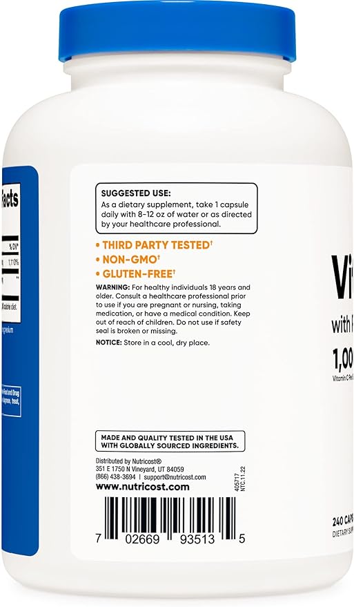 Nutricost Vitamin C with Rose HIPS 1025mg, 240 Capsules (3 Bottles) - Premium Non-GMO, Gluten Free Vitamin C Supplement