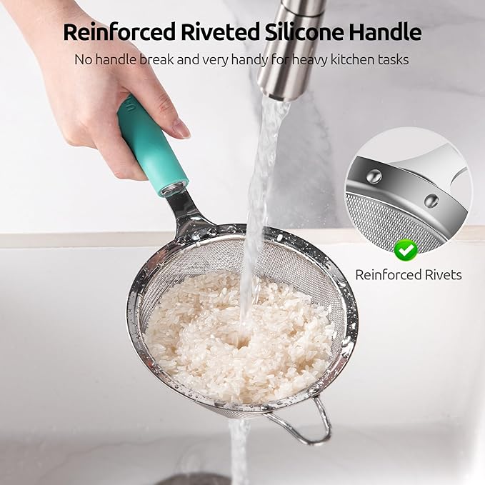 U-Taste Fine Mesh Food Strainer: 18/8 Stainless Steel 30 Mesh Kitchen Sieve with Sturdy Riveted Silicone Handle, Heavy Duty Deep Handheld Metal Colander (Small/3.35in+Medium/4.73, Aqua Sky)