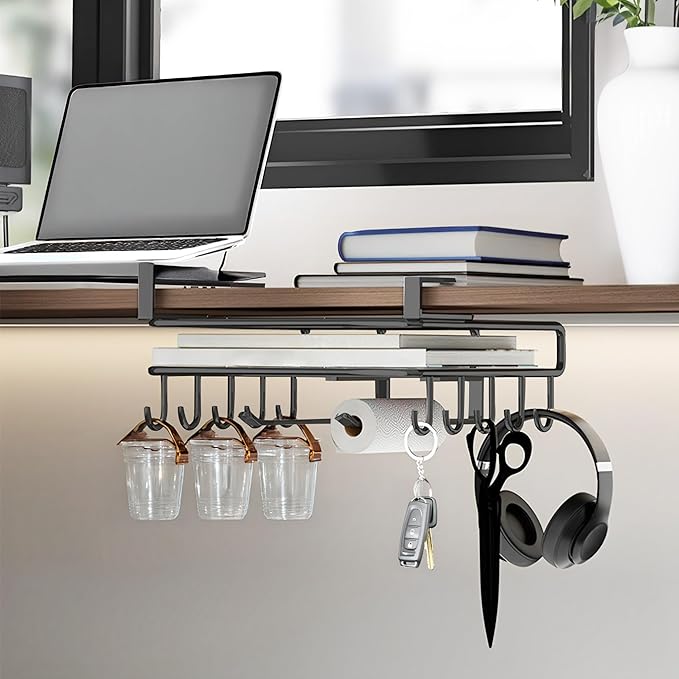 Mug Holder Under Cabinet,Under Cabinet Hooks for Mugs,Paper Towel Holder for Cabinet,Chopping Board Organizer for Kitchen(Black)