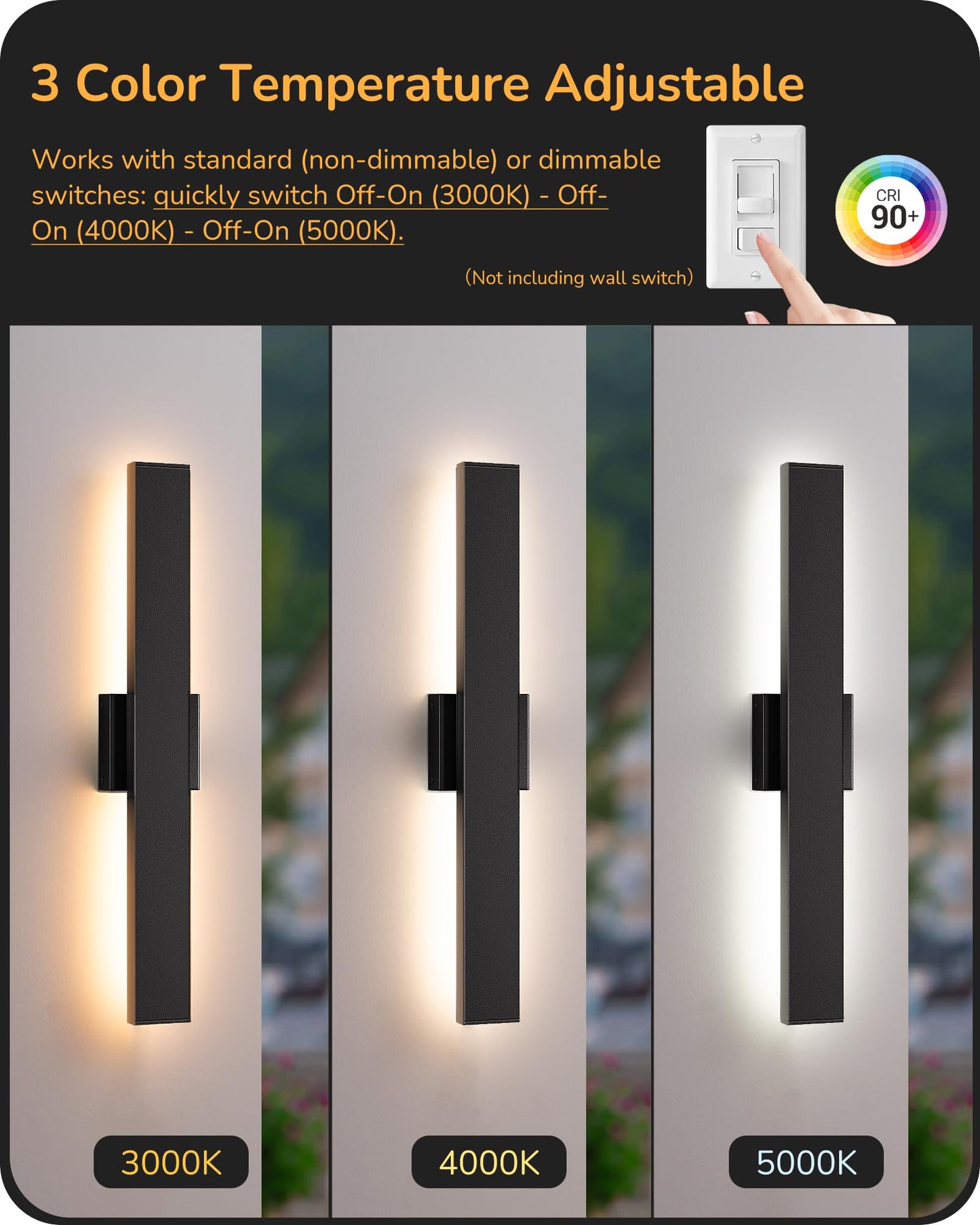 Edishine 23.6  Modern Outdoor Wall Lights  3Cct & 10%-100% Dimmable  Ip65 Waterproof  Led Exterior Lighting Fixtures  Linear Outdoor Wall Sconce For Porch  Patio  2 Pack  Black