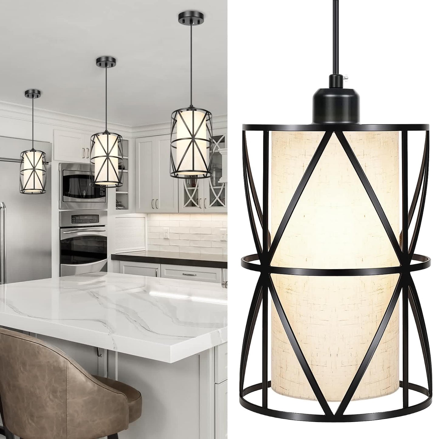 Zlierop 7in Matte Black Pendant Light, Adjustable Height, Linen Shade, Metal, Ideal for Kitchen, Dining Room, Living Room