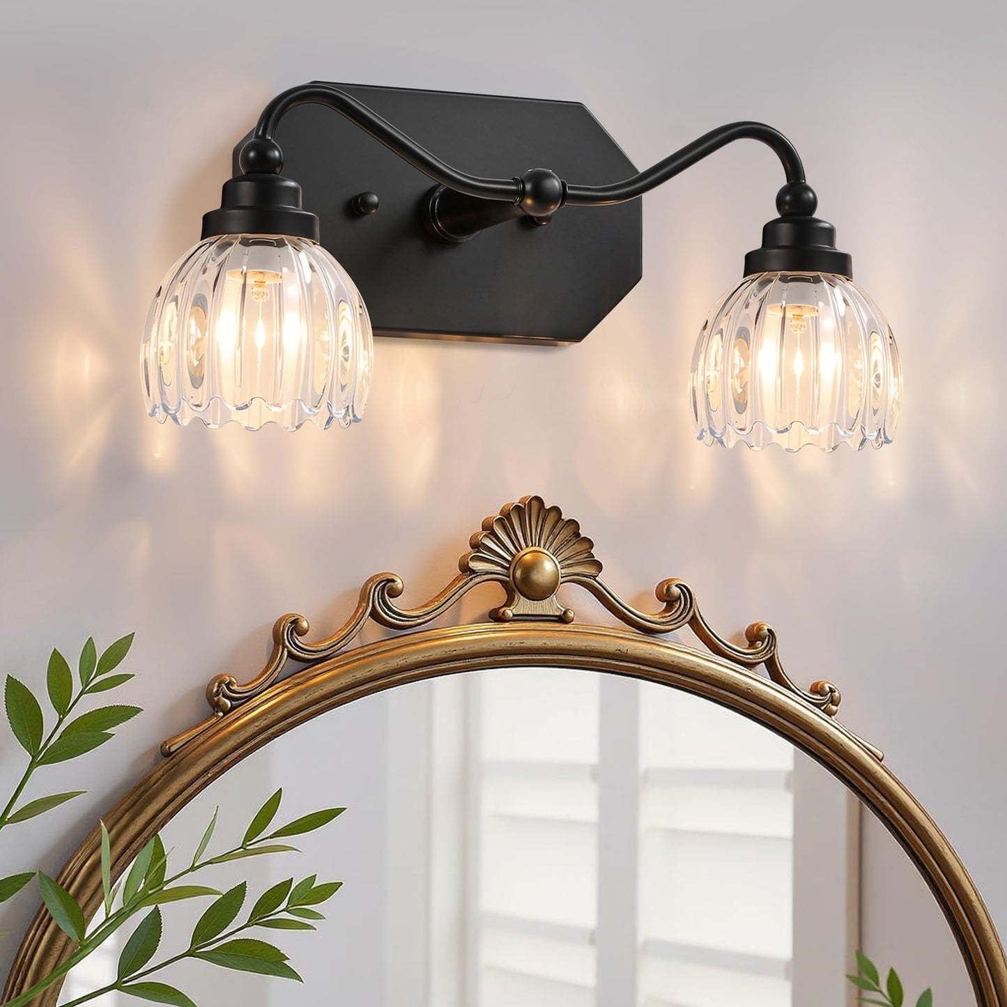 CmnVmn Vintage Bathroom Light Fixtures, 2 Light Bathroom Vanity Light, Black Matte Antique Brass Finish with Crystal Glass Shade, Mid Century Wall Sconces for Bedroom, Living Room, Hallway