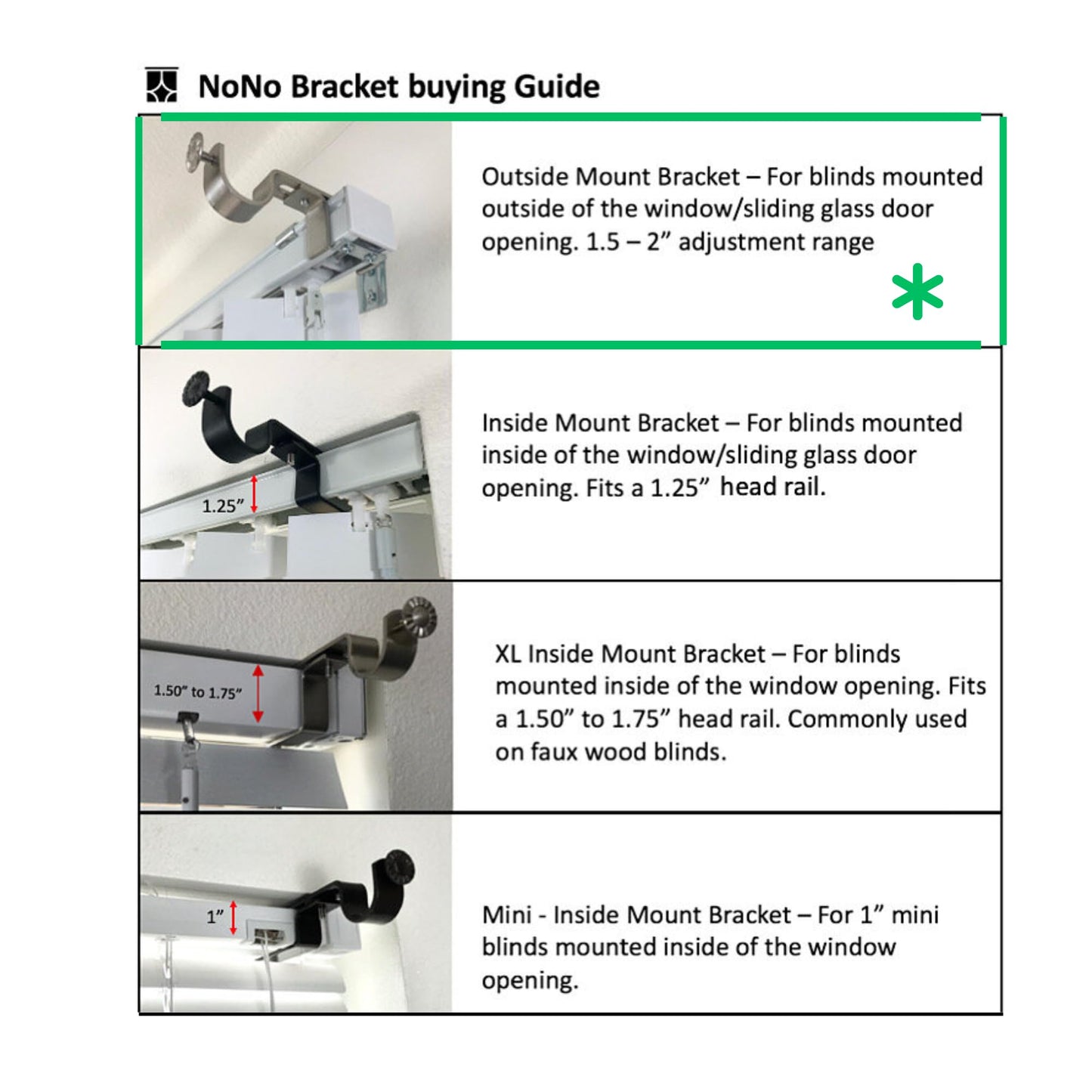 NoNo Bracket - Outside Mounted Blinds Curtain Rod Bracket Attachment (Set of 3) No Drill Clip on