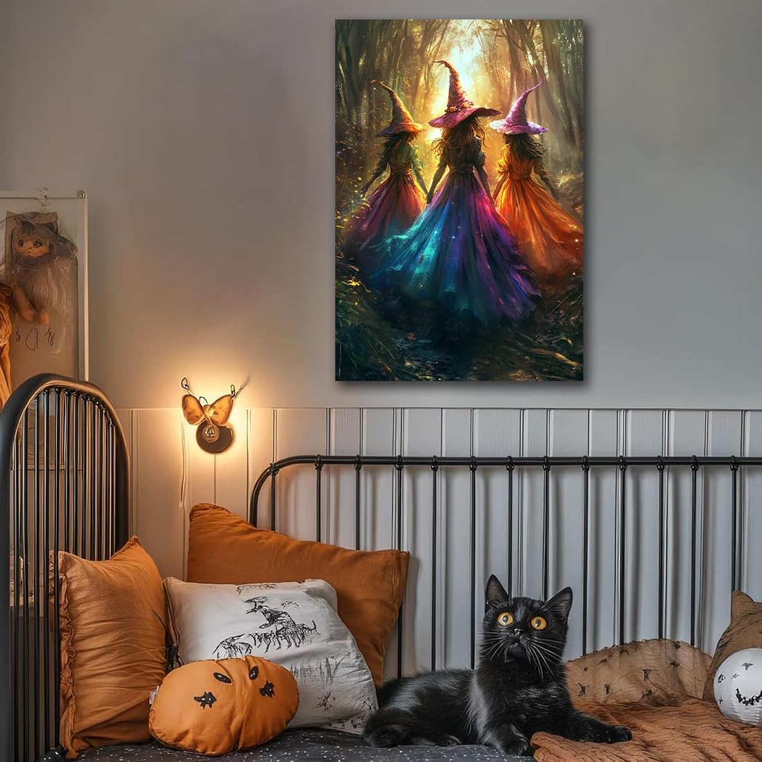 Halloween Room Decor Wall Art Colorful Witch Prints,Vintage Three Colorful Witches in Forest Halloween Posters,Fall Fantasy Aesthetic Pictures Playful Art Wall Decor for Bedroom,16"x24" Framed