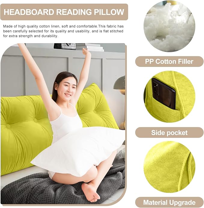 Large Triangular Headboard Pillows Long Backrest Positioning Support Bolster Cushion for Daybed Fluffy Quality Plush Body Wedge Pillow with Removable Cover(Yellow Green-Queen-59x8x20in)