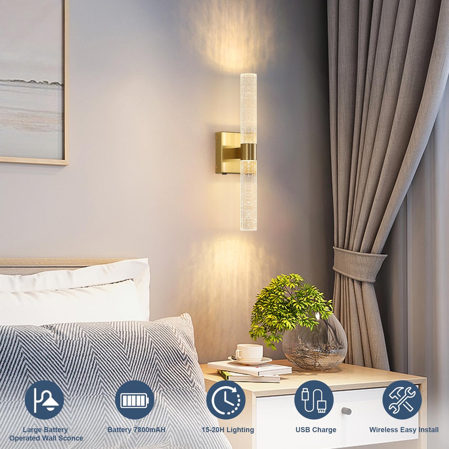 HONGREN Wall Sconces Set of Two - 17 Inch Gold LED Dimmable Battery Operated Light with Remote Control
