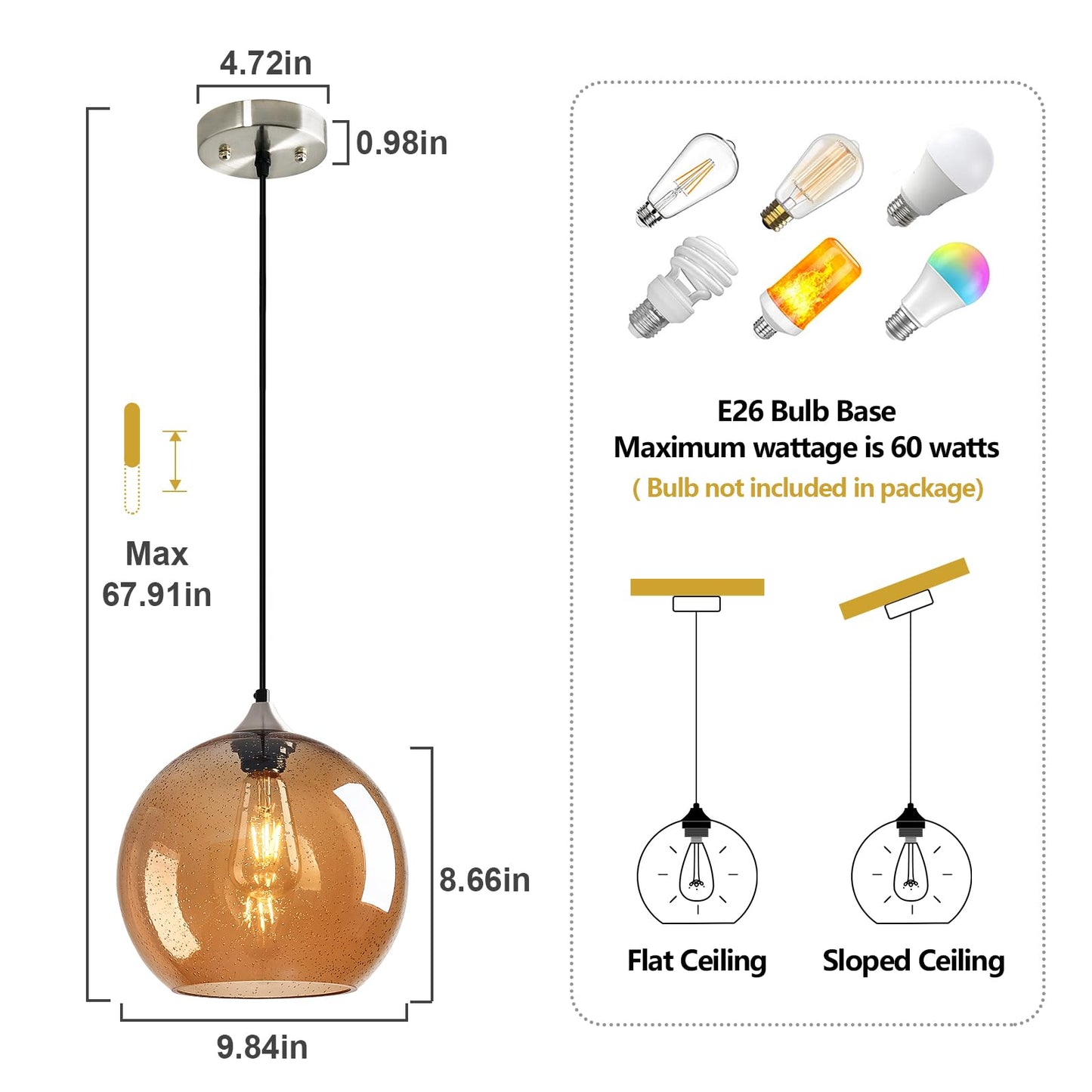 Lbsqj Amber Glass Pendant Lights Kitchen Island Globe Pendant Light Fixtures Modern Pendant Lighting For Bedroom Living Dining Room Light Fixture (9.84 In  3 Pack)