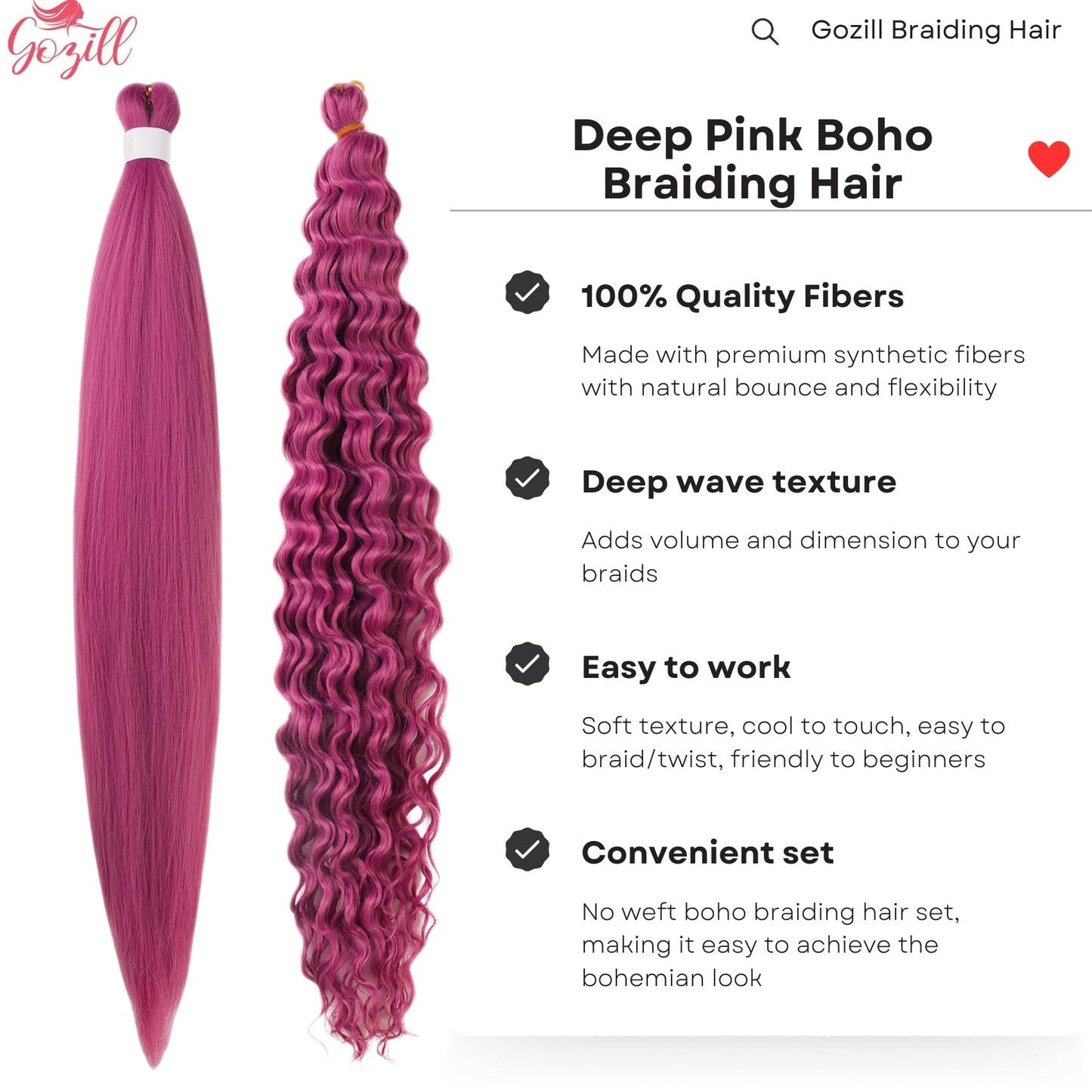 Deep Pink Braiding Hair Pre Stretched Knotless Braiding Hair for Boho Braids(6 Packs)