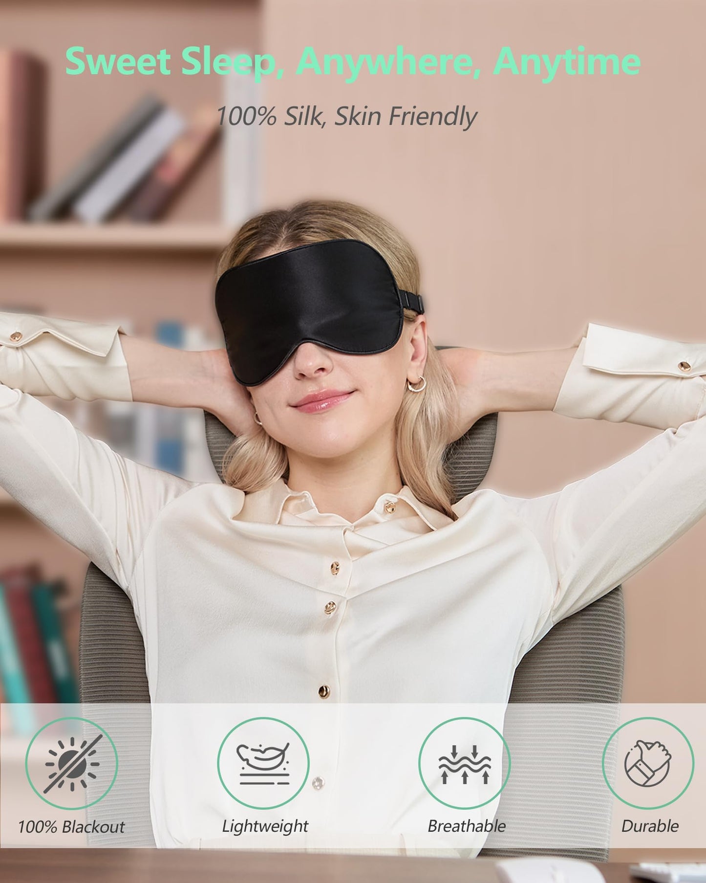 BeeVines Sleep Mask, 2 Pack 100% Real Natural Silk Eye Masks with Adjustable Strap for Sleeping, Mulberry Silk Eye Sleep Shade Cover, Blocks Light Reduces Puffy Eyes Traveling Gifts (Black & Black)