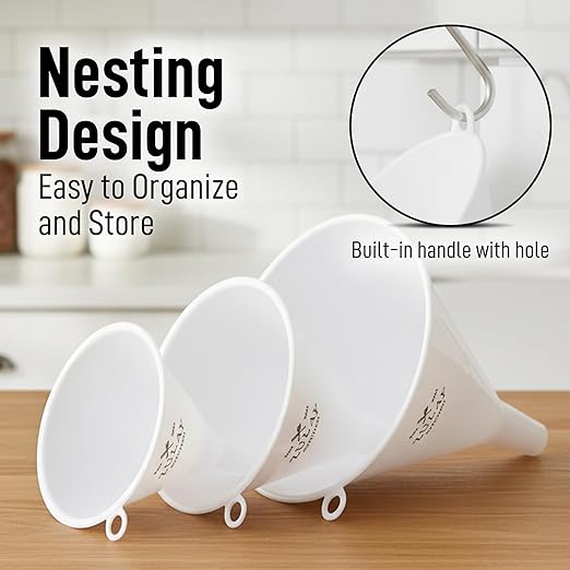 Zulay Kitchen 3-Piece Plastic Funnel Set - Large, Medium, and Small Kitchen Funnels Pouring Spout - for Filling Bottles Water Liquid, Protein Powder, Food Grade Cooking, Drink, Paint, Lotion, Kids