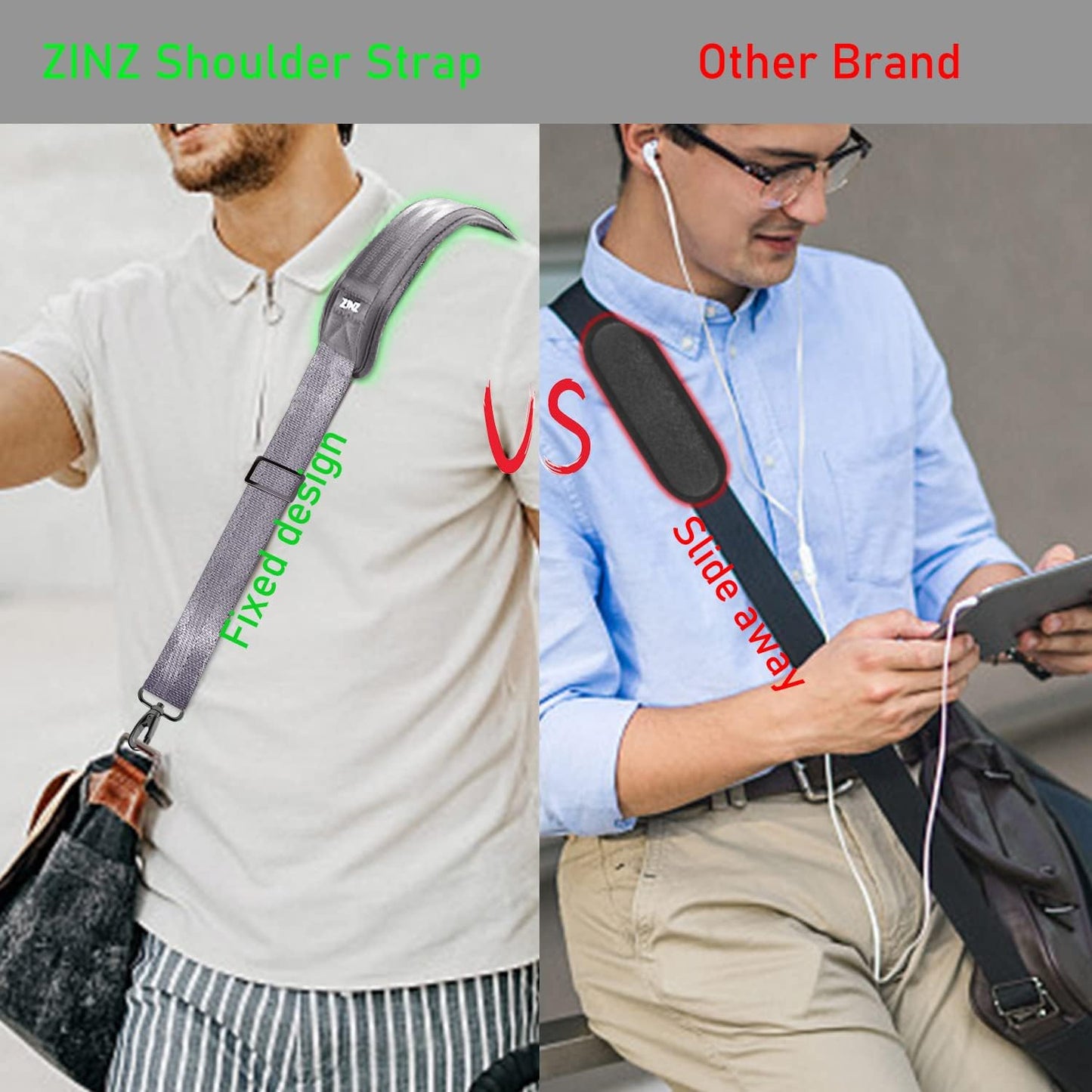 ZINZ 77 Inch Shoulder Strap Univesal Bag Strap with Fixed Pad Ultra Thick Plus Long & Breathable Cushion, Replacement Strap for Bags,Gray