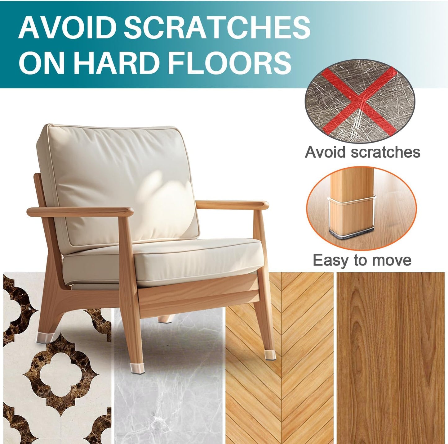 24 Pcs Chair Leg Floor Protectors Rectangle, Silicone Felt Furniture Leg Pads Caps Covers for Hardwood Floors (Fit Perimeter 6" to 8")