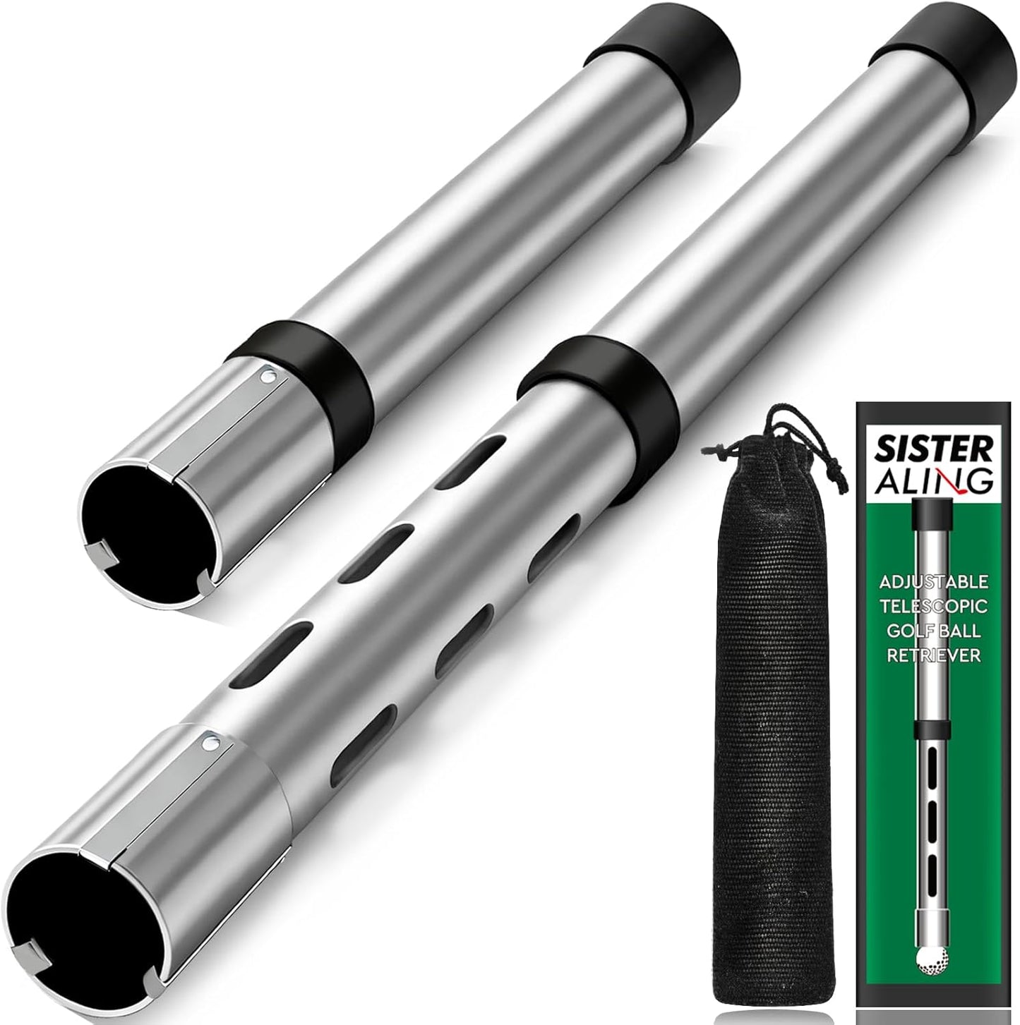 Golf Ball Retriever Tube, Adjustable Telescopic Aluminum Alloy Ball Picker, Lightweight Collector Device with Storage Bag, Portable Ball Gathering Tool for Men Women