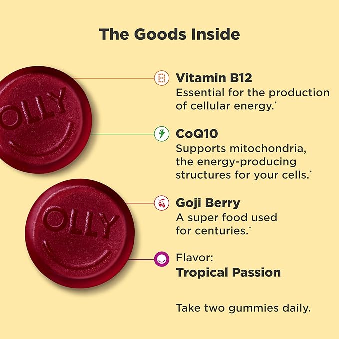 OLLY Laser Focus Gummy, Alpha GPC, B Vitamins, Berry Tangerine, 36 Count & Daily Energy Gummy, Vitamin B12, CoQ10, Goji Berry, Tropical, 60 Count