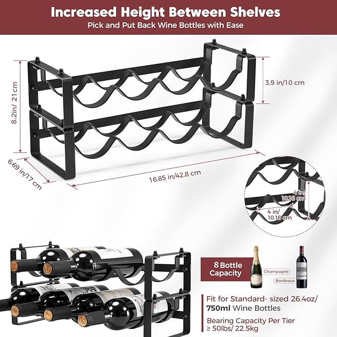 Stackable Wine Rack Countertop, 8 Bottles Wine Bottle Holder for Inside Cabinet, Small Tabletop Wine Holder Stand for Pantry Bar, 2-Tier Angle Adjustable Wine Bottle Rack for Tight Spaces