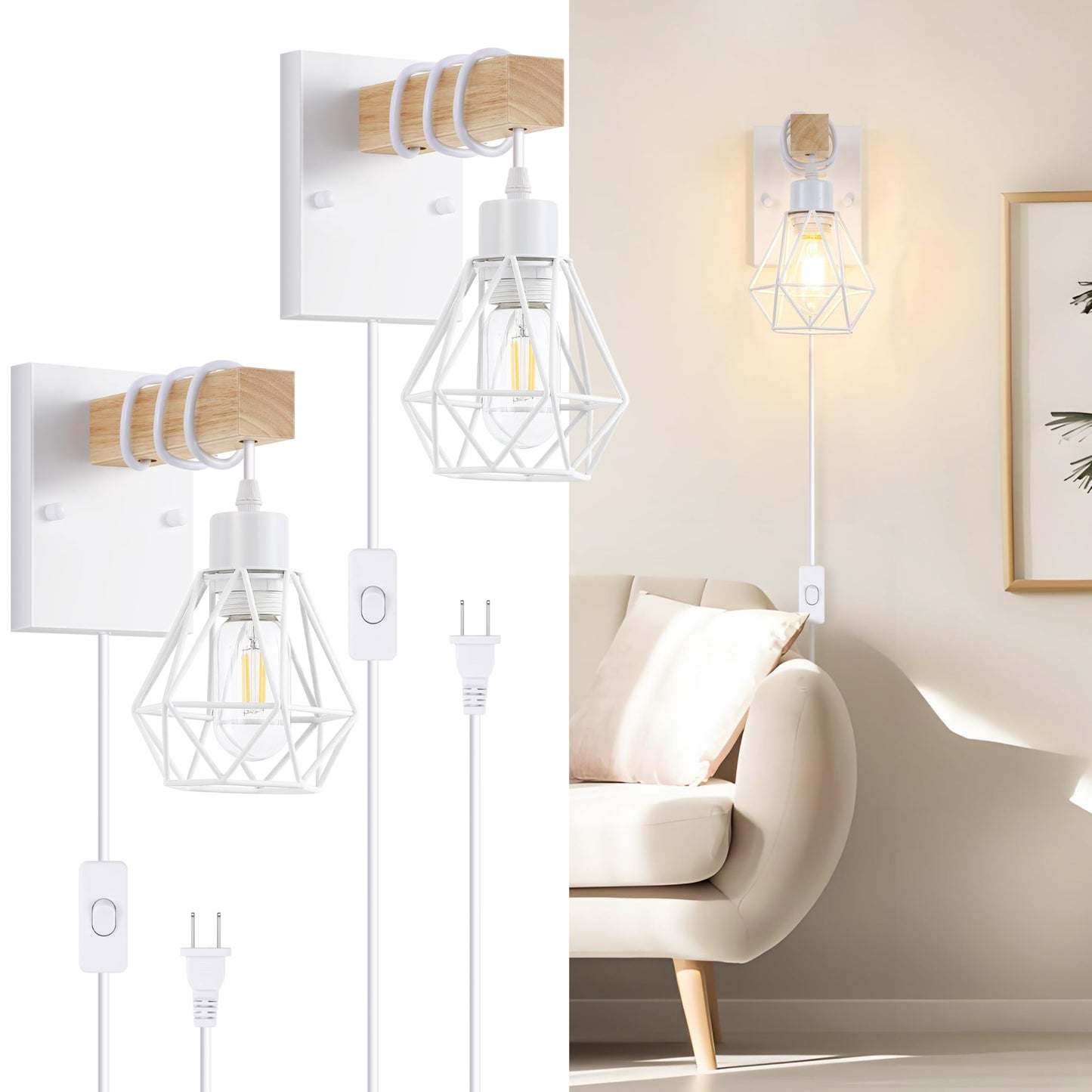 Lomoky White Plug In Wall Sconces Set Of Two  Modern Wall Lights With 5.25Ft Plug In Cord  Wooden Bedside Wall Lamps With Metal Shade  Industrial Wall Lighting Decor For Living Room  Hallway  Stairs