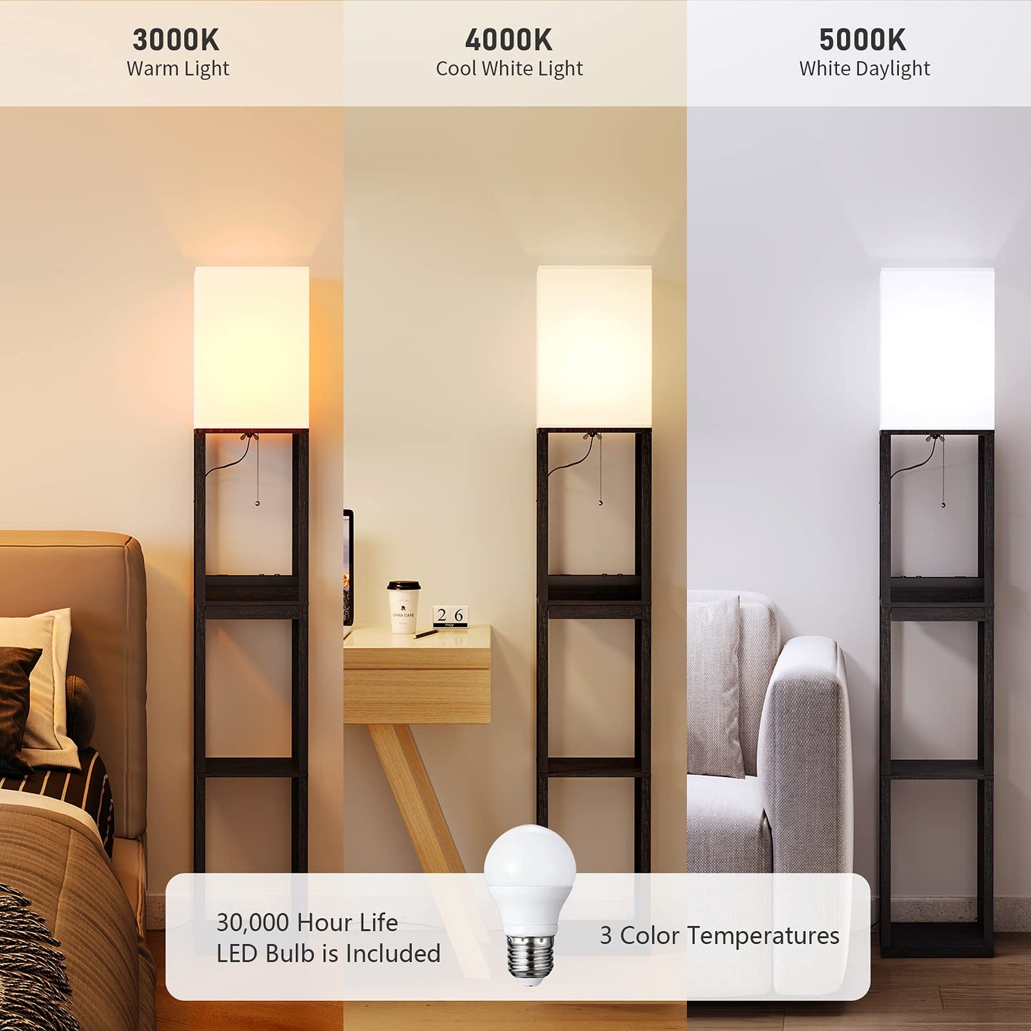 SUNMORY Floor Lamp with Shelves, Dimmable, Wood, Black, 1 Drawer, 2 USB Ports, 2 Power Outlets, Tall Bookshelf Lamp for Living Room/Bedroom