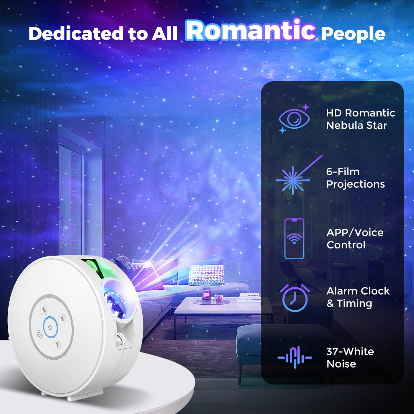 Smart Star Light Projector Galaxy Projector With 6 Projection Slide Smart App & Voice Control Rotatable Galaxy Lamp With 24H Timer And 37 White Noises Cloud Light Gift For Kids Room Decor(White)