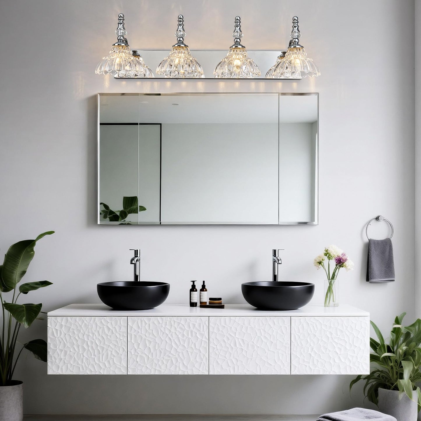 Lbsqj Vintage Bathroom Vanity Light  4-Light Chrome Vanity Lighting Fixture With Flower Glass Shade  Bathroom Lighting Fixtures Over Mirror