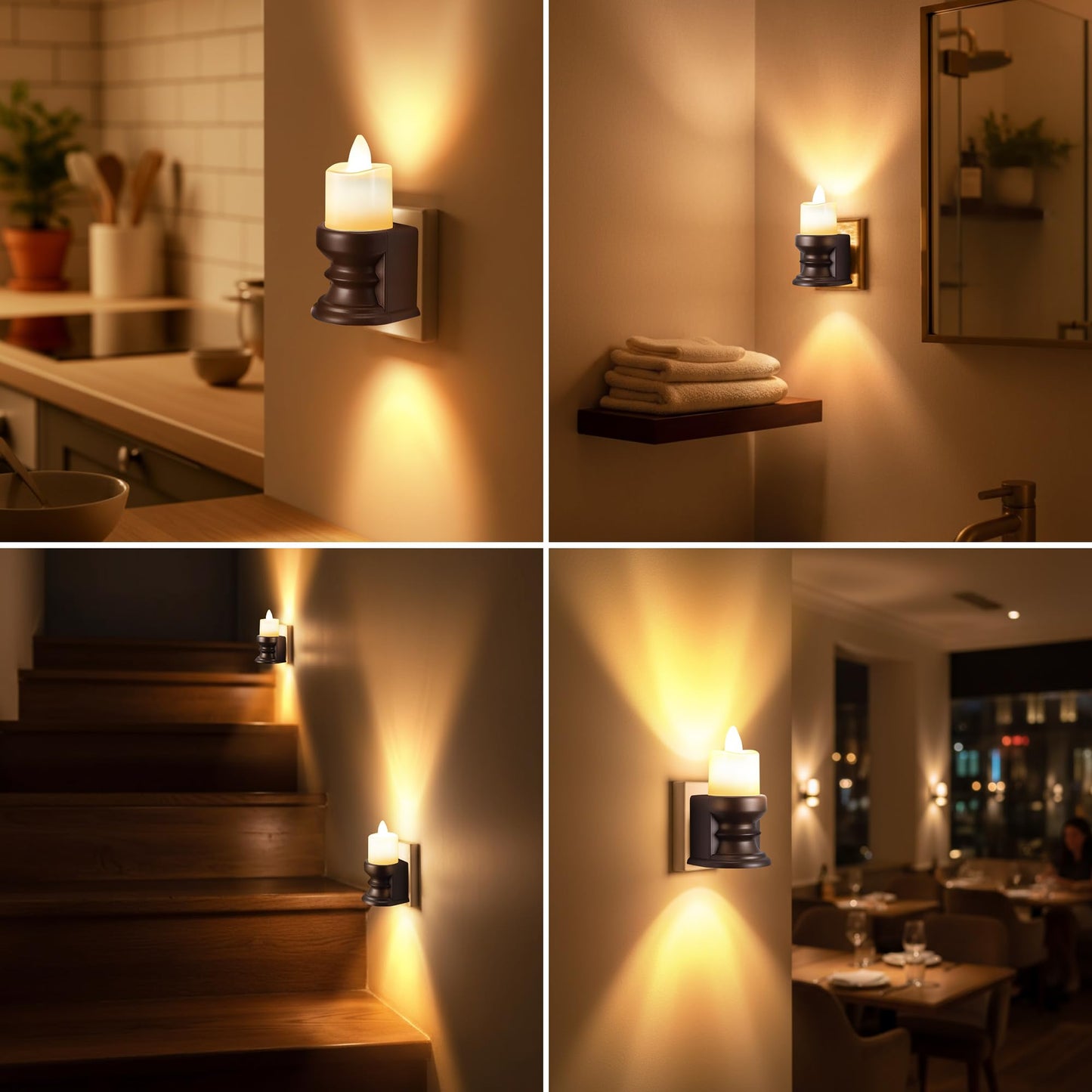 Meonum Flickering Flameless Candle Night Light Plug in, Dimmable LED Nightlight with Dusk to Dawn Sensor, Decorative Candle Light for Bedroom, Hallway, Bathroom(4 Pcs,Warm Yellow & Brown Base)