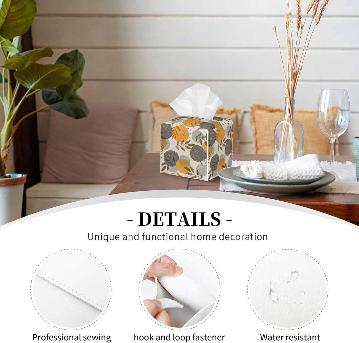 Boho Abstract Leaves Tissue Box Cover Square,Linear Boho Leaves and Geometric Tissue Box Holder Waterproof Leather Facial Paper Organizer Dispenser for Bathroom Home Car Nightstand Vanity Desk