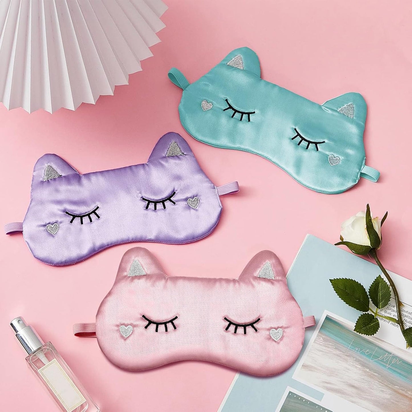 Haysandy 3 Pieces Sleep Mask for Kids Girls Cute Cat Sleeping Eye Cover Soft Mask Comfortable Funny Animal Night Eye Blindfold Cover for Kids Girls Women Home Travel(Silk Cat)
