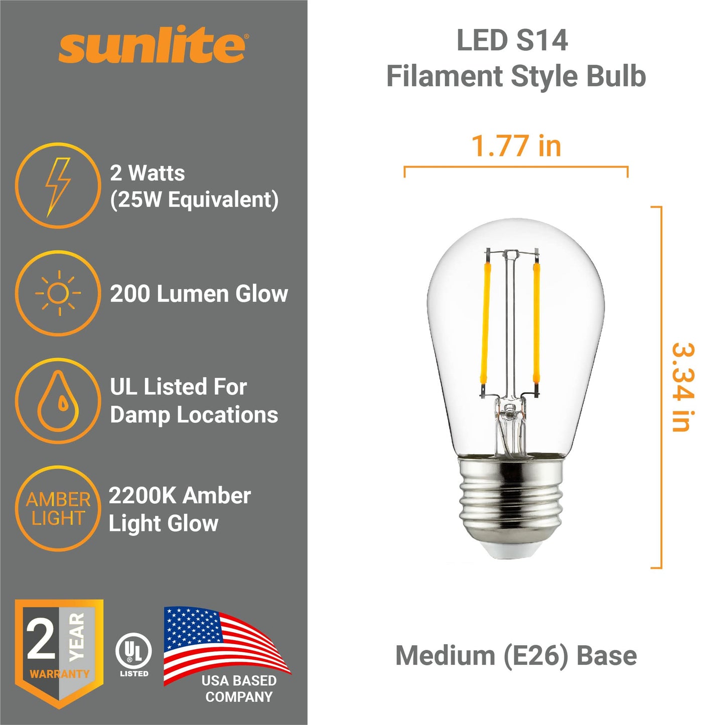 Sunlite Led S14 Filament Bulb, 2W (25W Equivalent), Dimmable, Clear Glass, 2200K Amber, Medium Base (E26), 1 Count