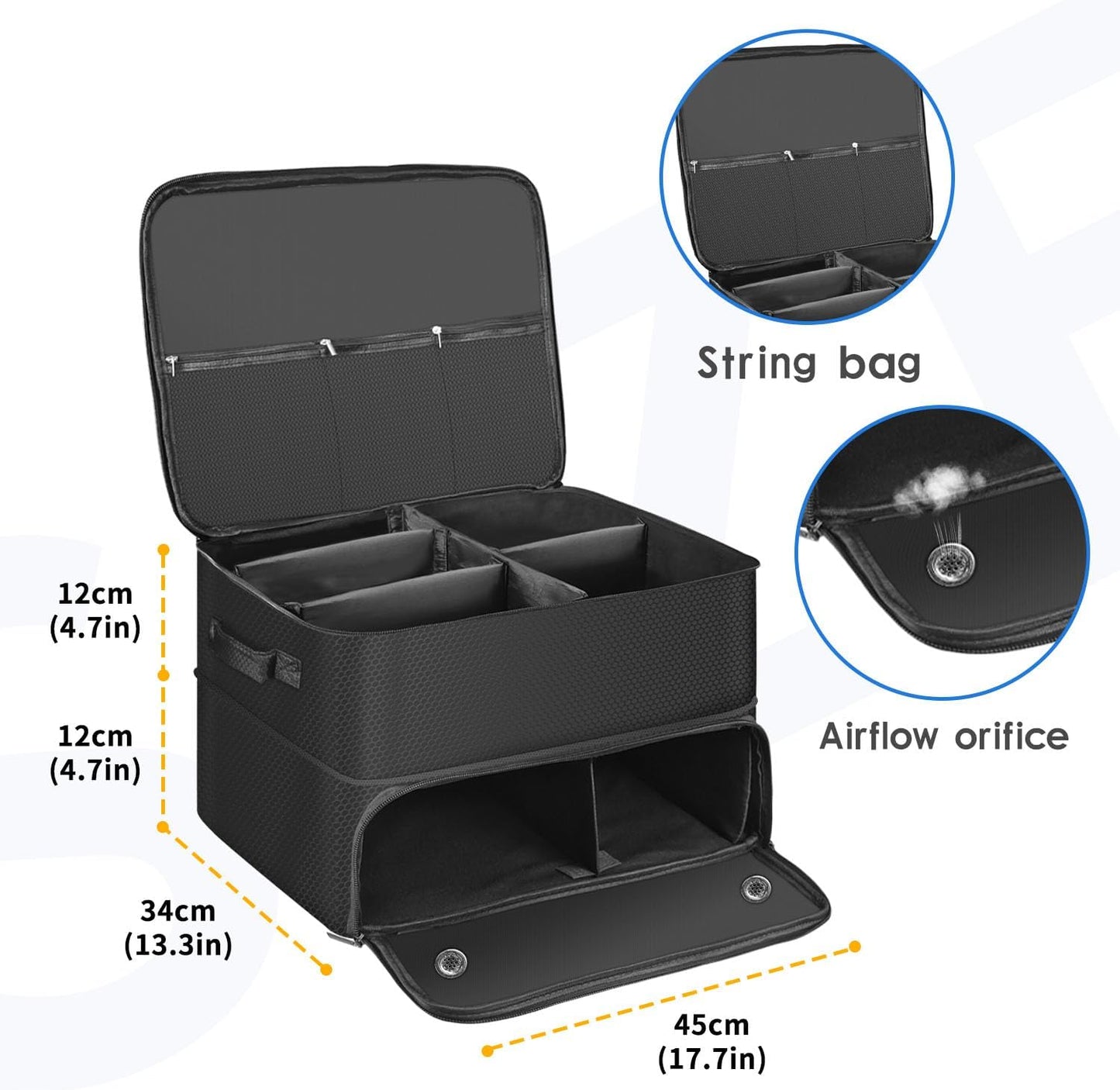 Golf Trunk Organizer for Car, Foldable Golf Storage Box with Ventilated Shoe Compartment, Holds 2 Pair Shoes, Balls, Cap, Gloves, Clothes 17.7x13.3x9.4 inch Car Organizer for Golf Gear (Black)