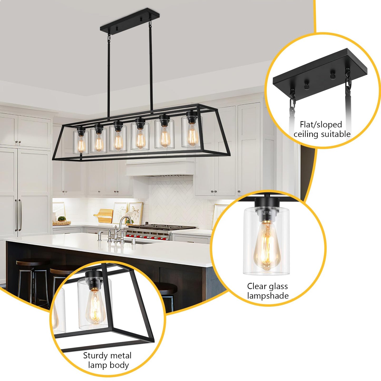 Senyshilon 6-Light Black Farmhouse Chandelier, Metal With Clear Glass For Dining Room, Kitchen Island, Model S8833-6S