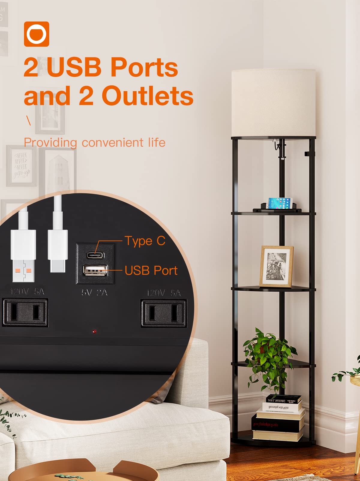 addlon 5-Tier Corner Shelf Floor Lamp, USB Port, 3CCT LED Bulb, 70Inch, Black, Model FLAD007