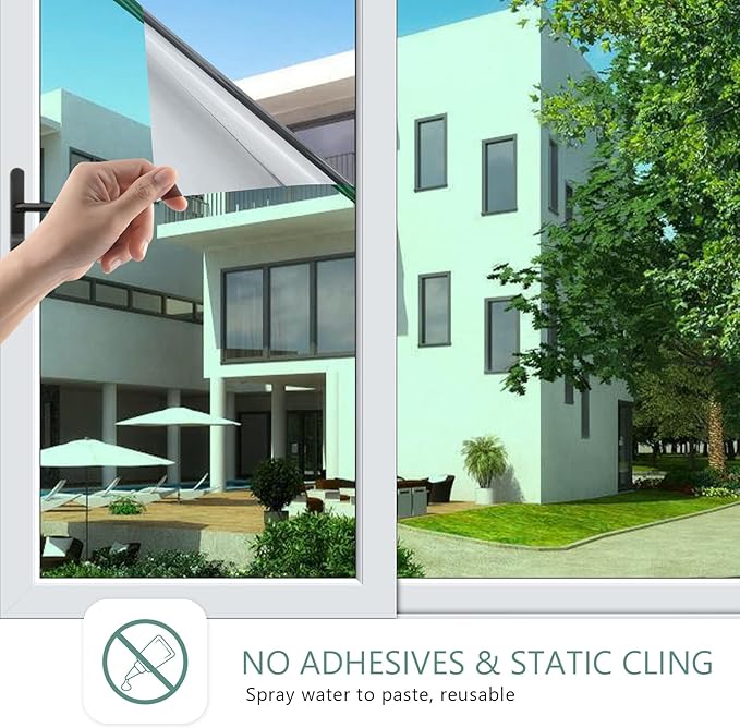 Filmgoo Window Privacy Film One Way Daytime Mirror Tint Treatments UV Heat Control Vinyl Stickers Sun Block Glass Paper Door Covering Reflective,Green Silver,17.5 Inch x 15.7 Feet