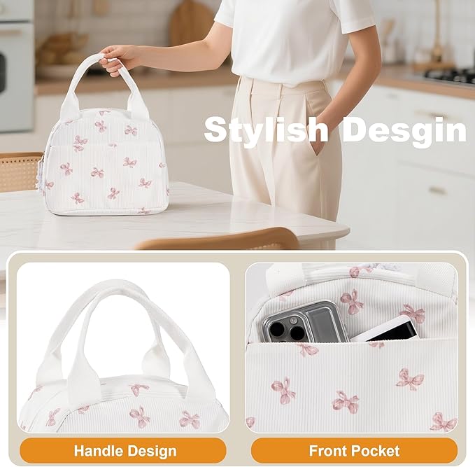 Lunch Bag for Women Insulated Lunch Box Reusable Cooler Bag Portable Cute Corduroy Leakproof Tote Bags for Travel, Work, and Picnic