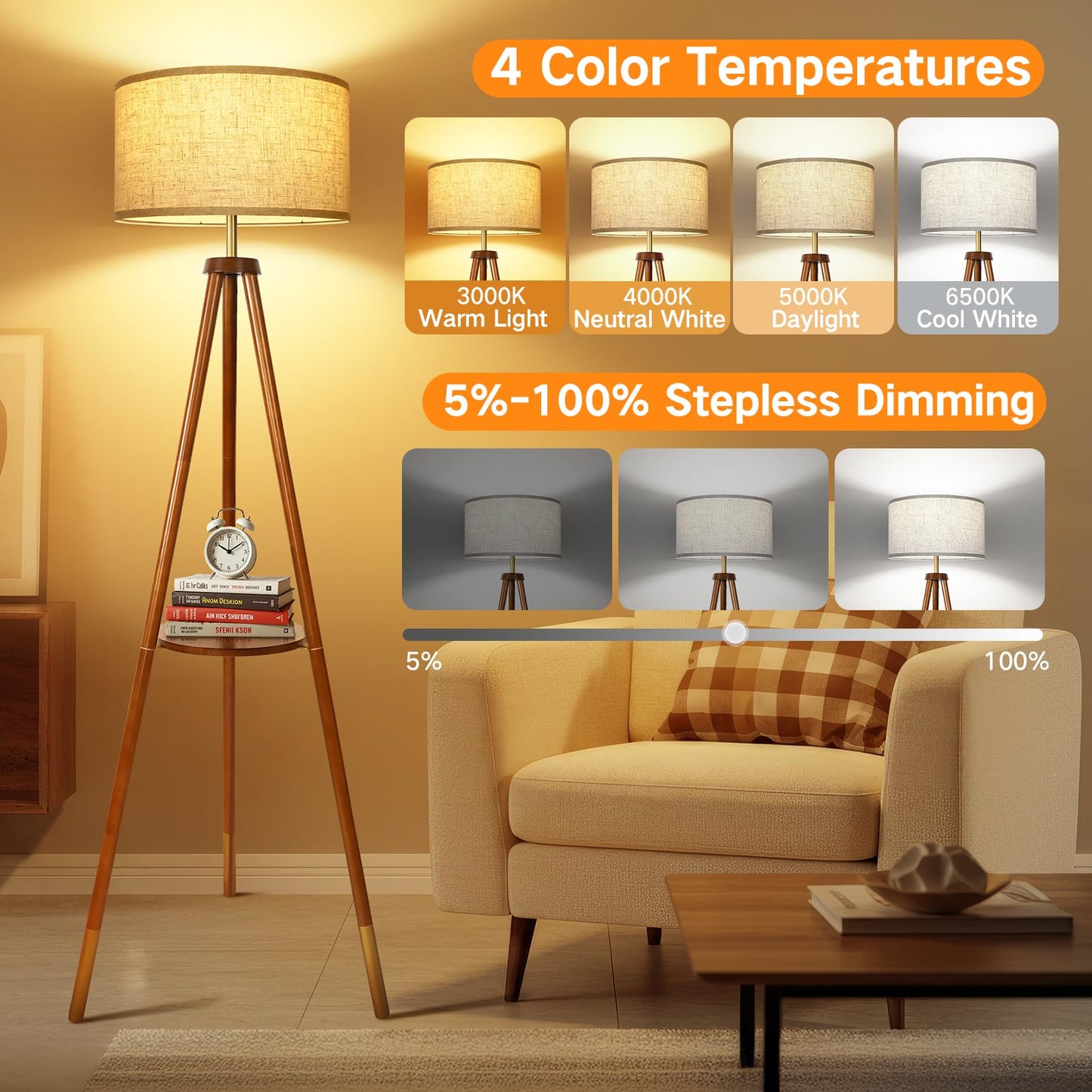 OUTON Wood Tripod Floor Lamp with Remote Control, Dimmable LED, 4 Color Temperatures, Walnut & Gold