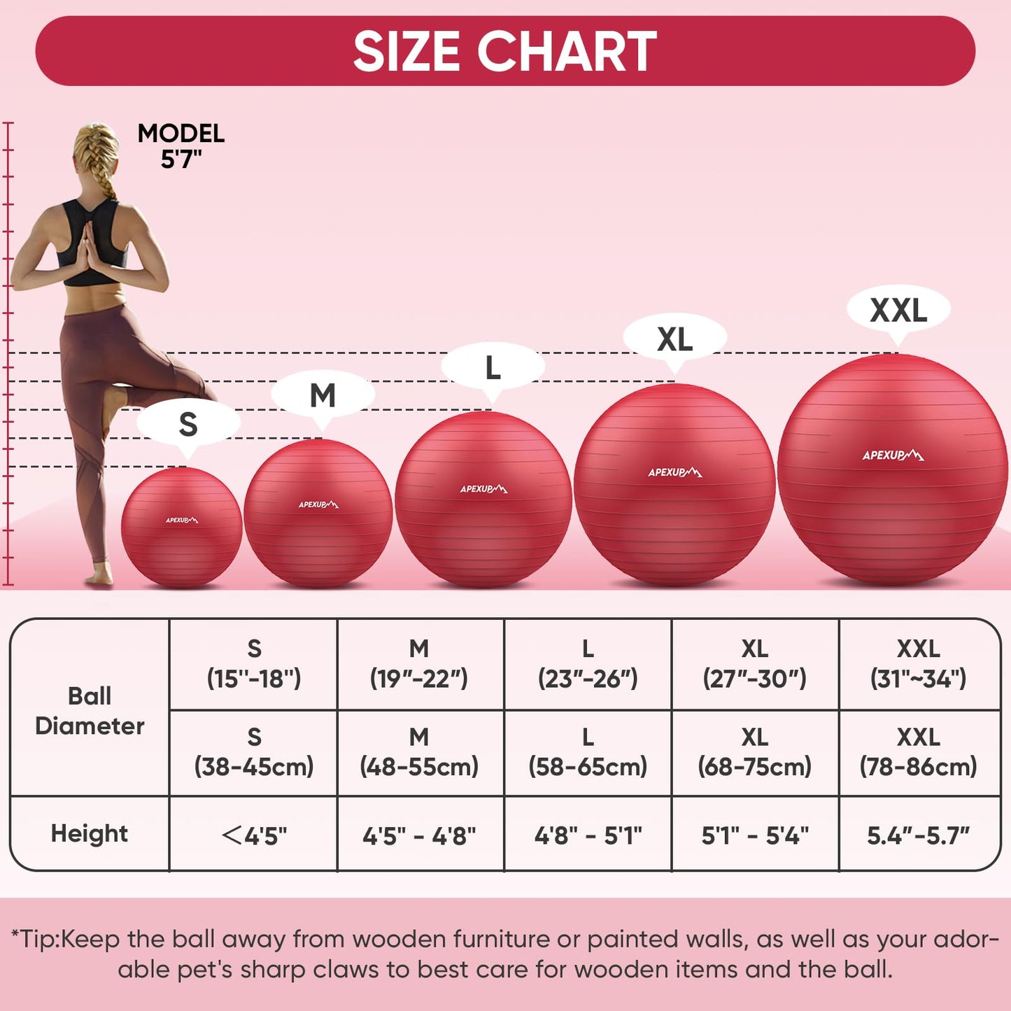 APEXUP Yoga Ball Exercise Ball, Anti Slip Stability Ball Chair, Heavy Duty Large Gym Ball for Fitness, Balance, Core Workout and Physical Therapy (S (15"~18") 45cm, Red)