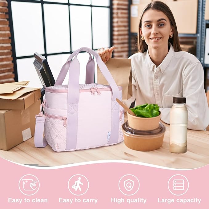 NOL Natural Organic Lifestyle Women's Nylon Lunch Cooler Cute Quilted Lunch Bag Large Leakproof Insulated Lunch Tote Bag for Work Picnic Travel,Pink