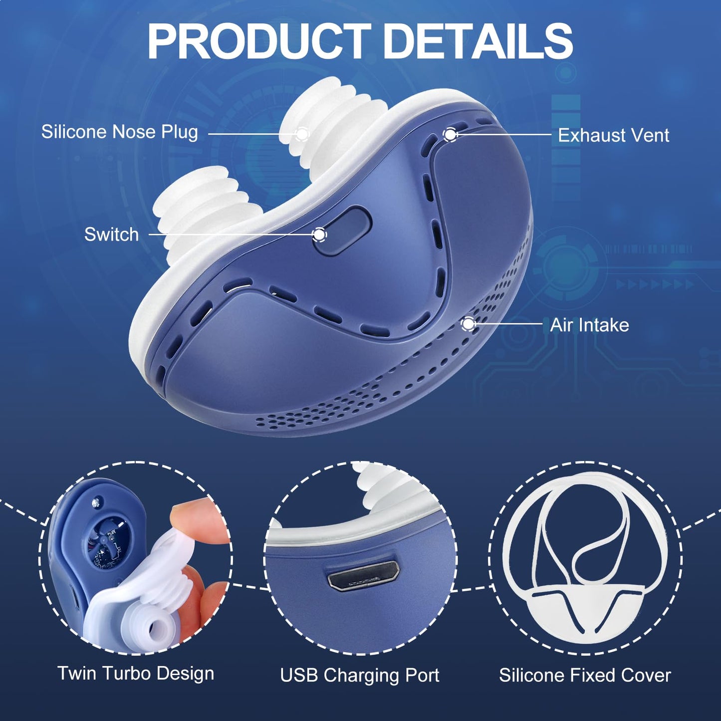Anti Snore Device,Electric Stop Snoring Solution,Mini Portable Anti Snoring Devices Stopper,Adjustable Wind Speed Snoring Prevention Nasal Dilators for Men & Women Travel（Blue)