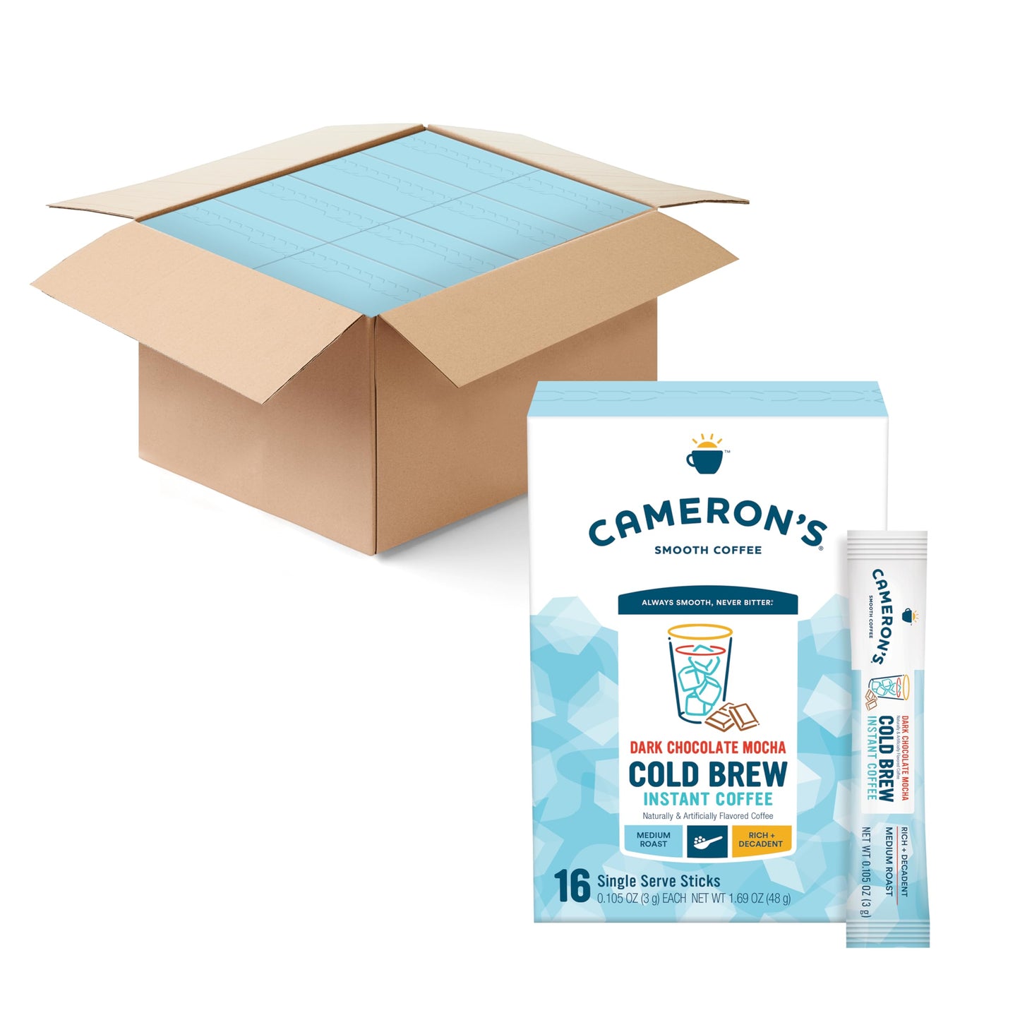 Camerons Coffee Cold Brew Instant Single Serve Sticks  Dark Chocolate Mocha  Smooth Flavored Coffee  Sustainable  Small-batch Roasted  128 Count
