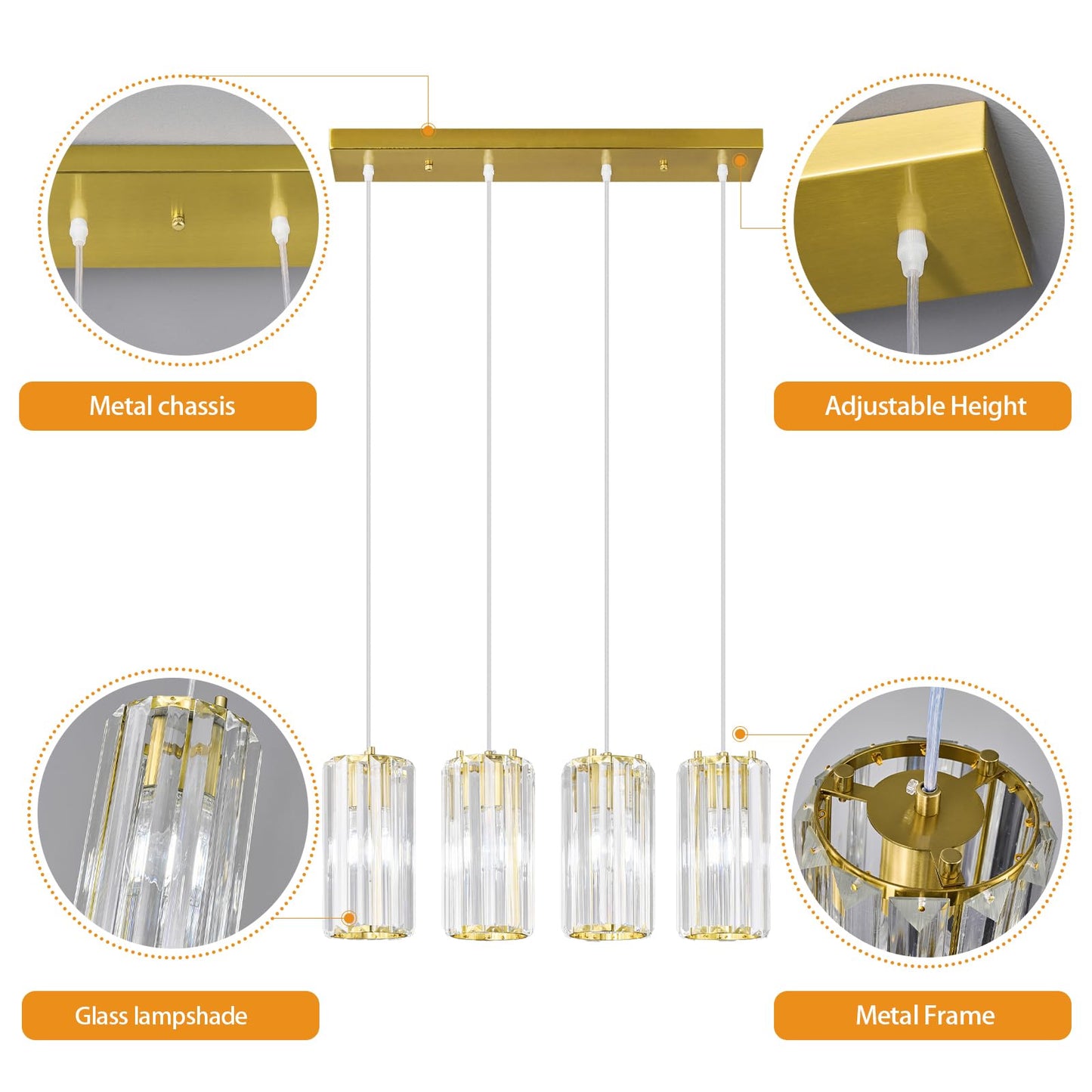 Zhllmq Gold Pendant Lighting Modern Pendant Light  Mini Crystal Chandeliers Adjustable Pendant Light Fixture For Kitchen Island Dinning Room Corridor Bedroom(Gold 4-Light)