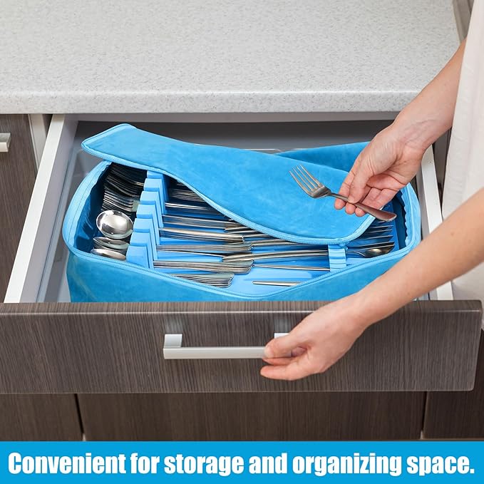 Zippered Flatware Storage Drawer Liner Silverware Storage Bag Tarnish Preventative Silver Organizer Cutlery Case Container Box Large Capacity Silverware Chest 15.75" x 11.02" x 3.94"(Blue)
