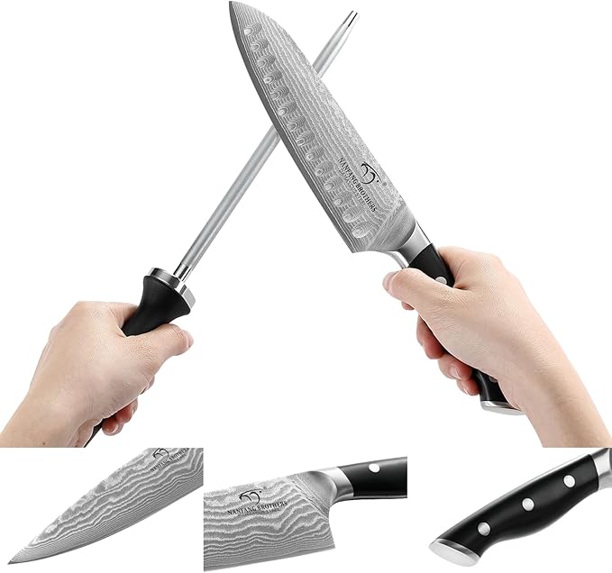 NANFANG BROTHERS Damascus Kitchen Knife Set with Block, 9 Pieces, ABS Ergonomic Handle, Knife Sharpener, Kitchen Shears