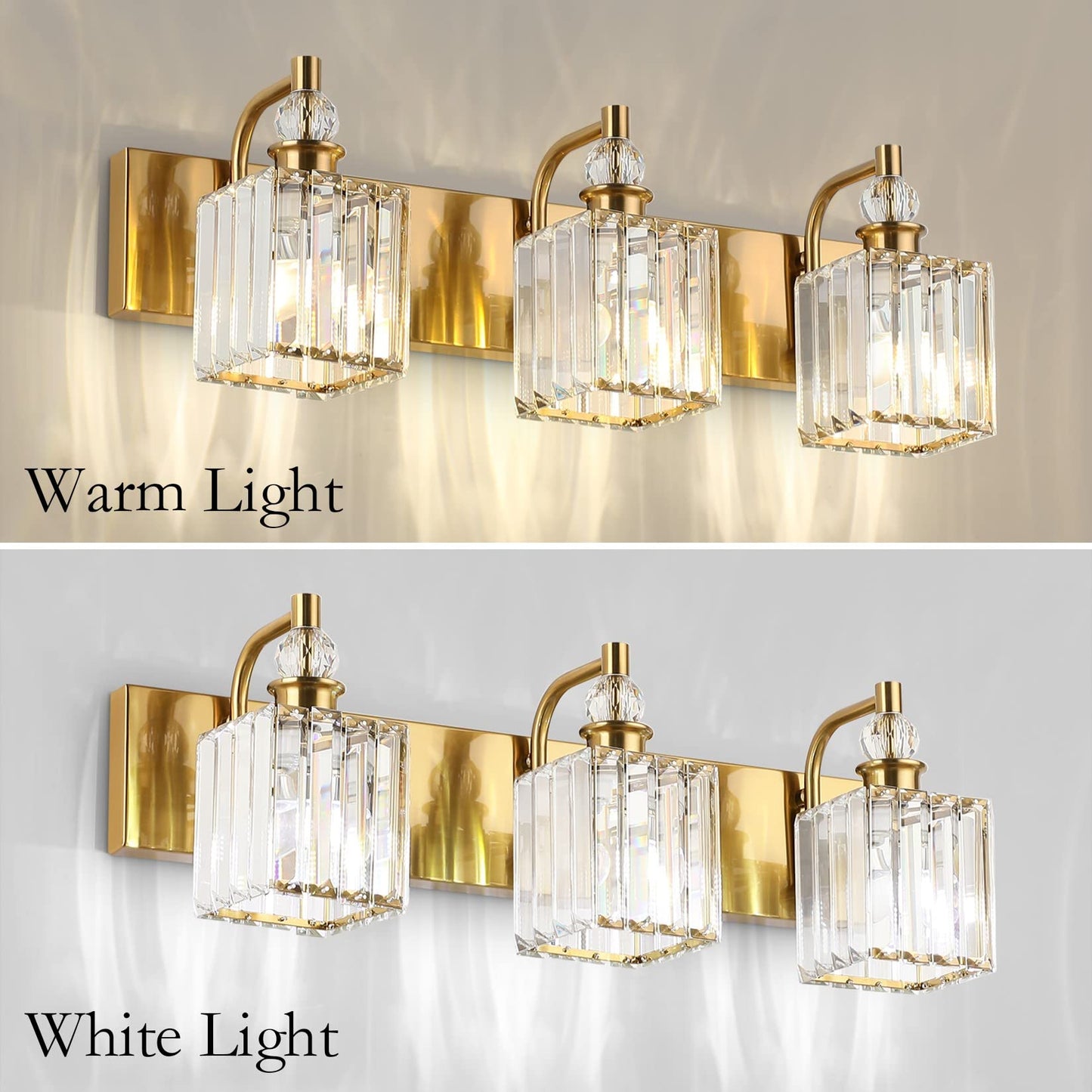 Ralbay 3-Light Gold Crystal Bathroom Vanity Lights, 24 Modern Metal Fixture, Model 8606