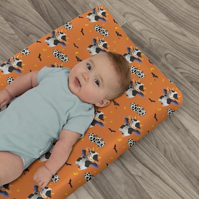 Halloween Cow Bats Pumpkins Baby Changing Pad Covers for Boy Girl Cute Cows Moon Stars Fitted Change Table Pad Covers Mats Spooky Farm Animal Soft Diaper Change Table Cover Sheets 32''×16'' Orange