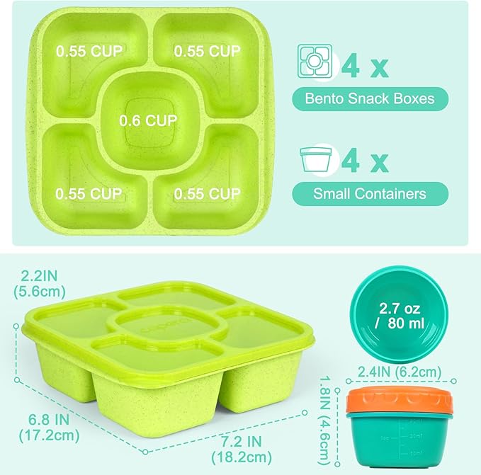 Caperci Original Lunchable Snack Containers for Kids & Adults - 5 Compartments Bento Snack Boxes with 4 Leakproof Small Containers, Wheat Straw, BPA-Free, Set of 4 (Jewel Brights)