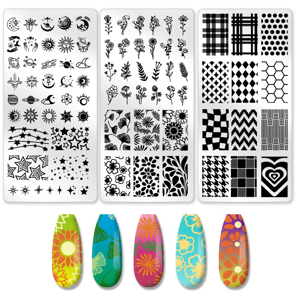 beinkmake 3Pcs Mix Design Nail Stamping Plate Flower Star Nail Stamping Templates French Line Tip Art Stamp Plates Sun Moon Stai