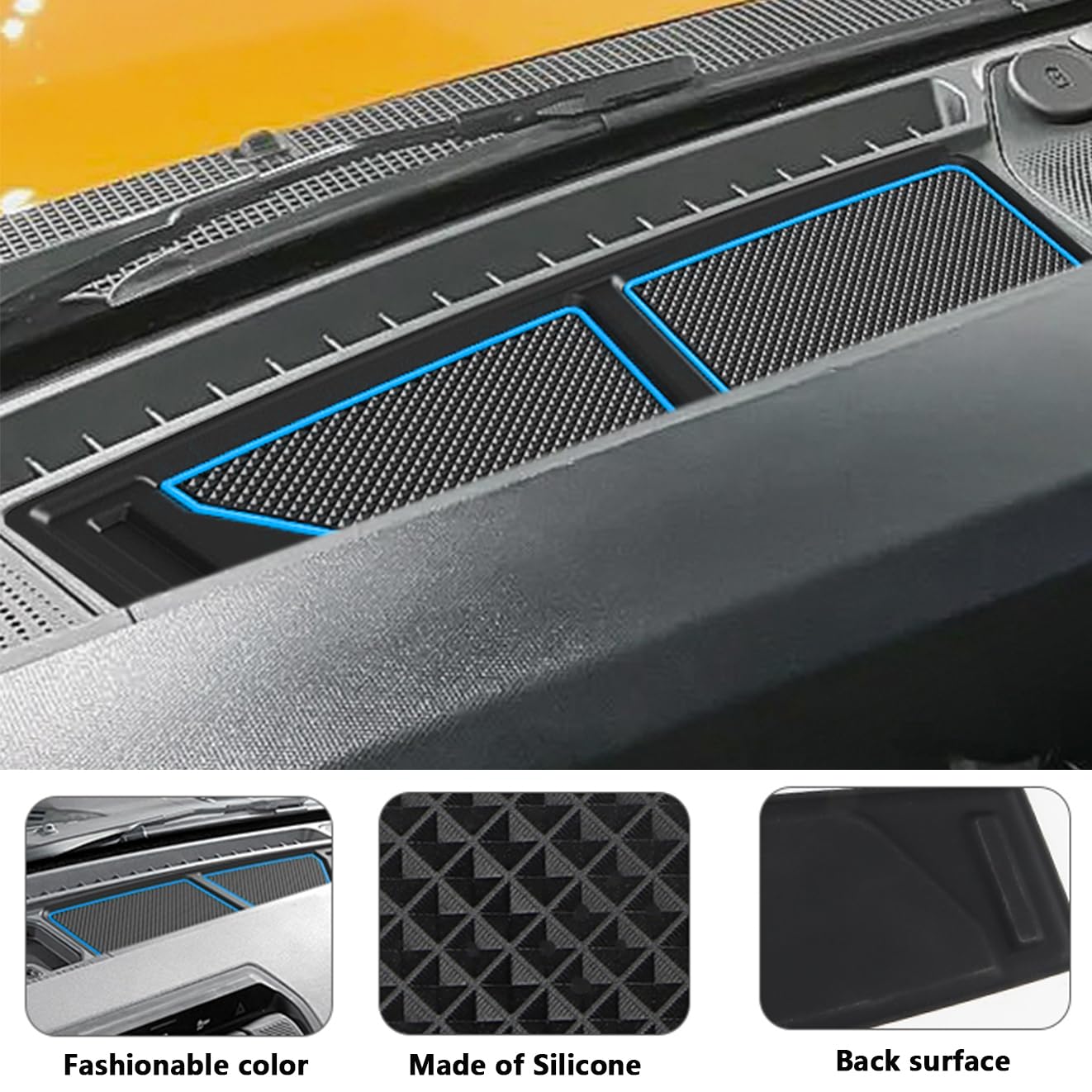 auovo Dash Cover Tray Fit for Ford Bronco Accessories 2026 2025 2021 2022 2023 2024 Anti-Slip Silicone Dashboard Compartments Mat fit Bronco 2/4-Door Interior Dash Pad Liners 2-pc Set (Blue Trim)