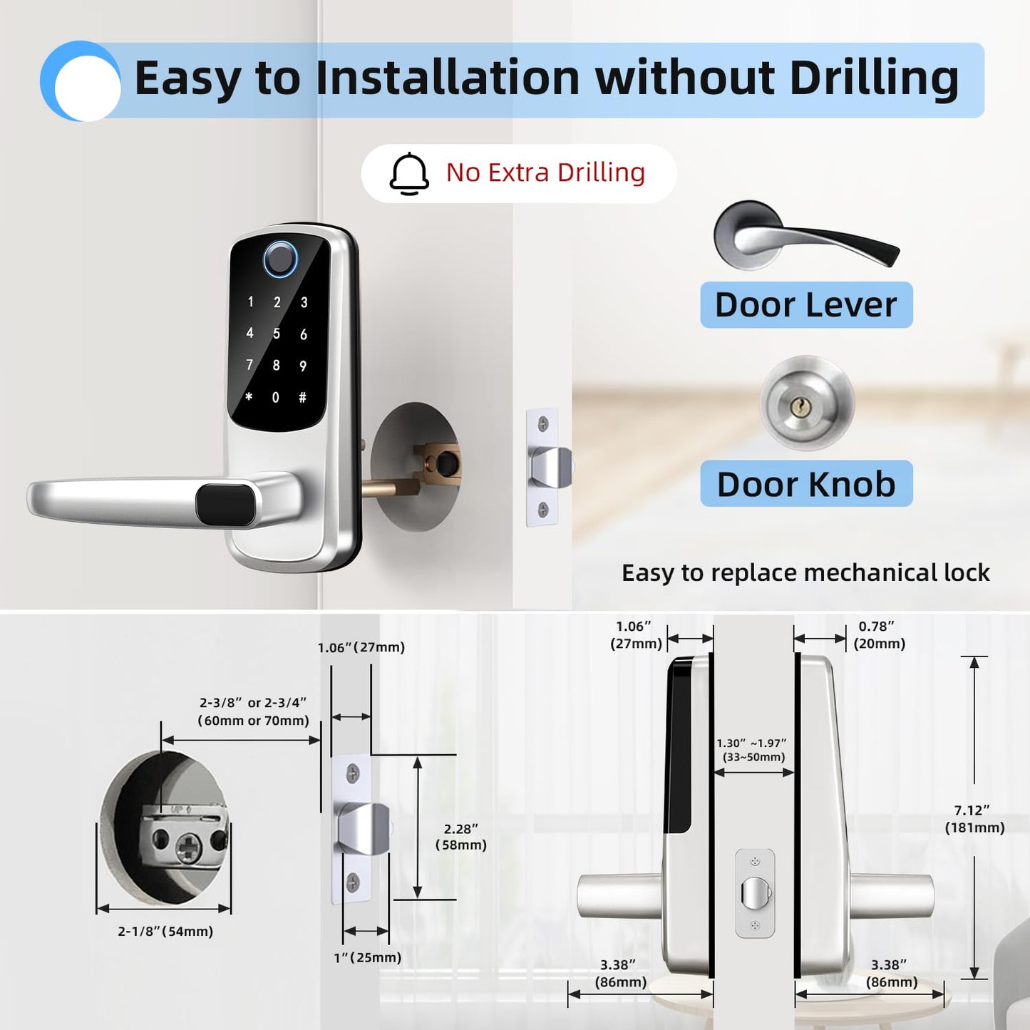 Smart Door Lock with Handle,Keyless Entry Door Locks, 8-in-1 Fingerprint Keypad Exterior Lock - Smart Locks for Front Door - Digital Electronic Smart Lock with Code & APP Control (Silver)