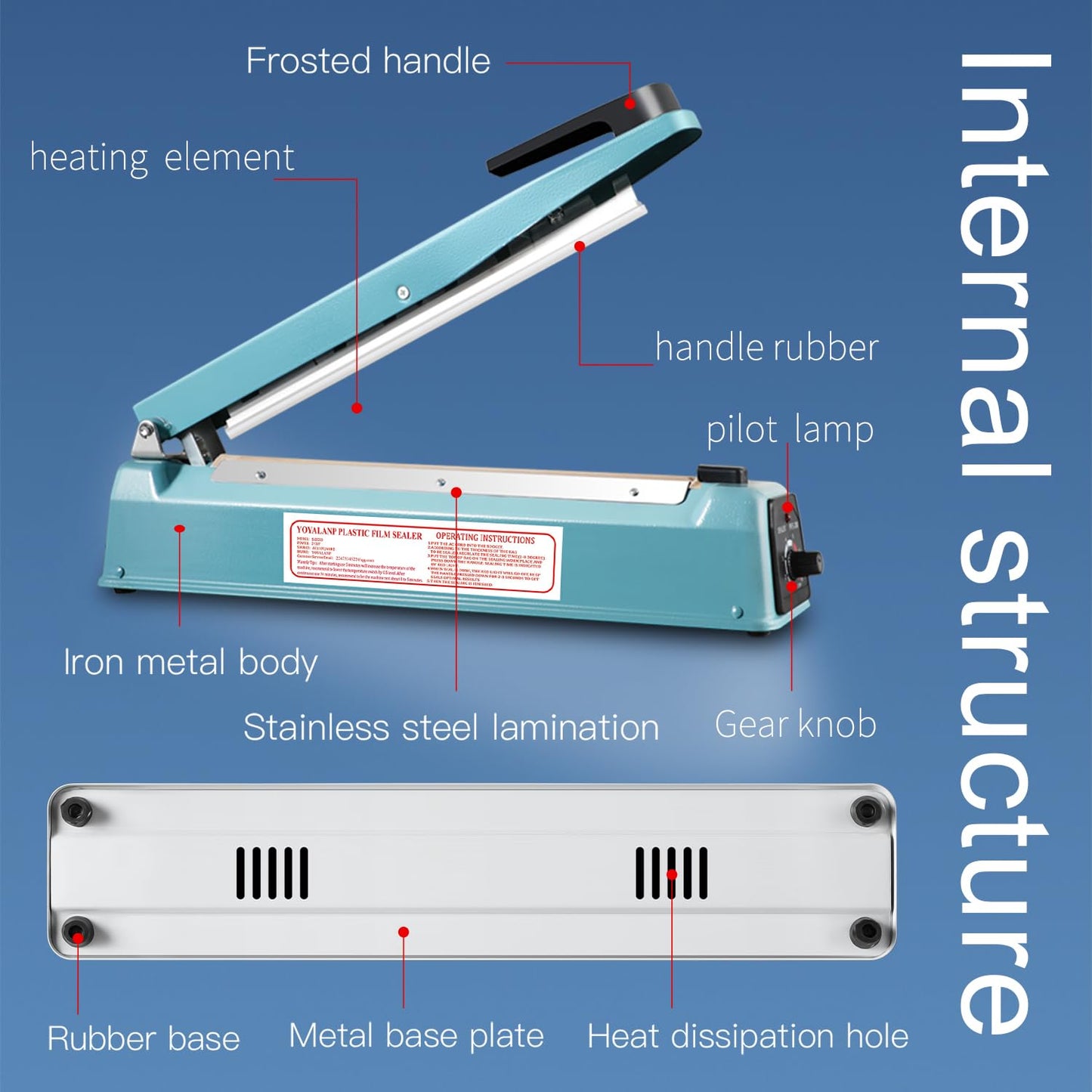 Metal body,Impulse Sealer 16 inch, Manual Heat Sealer Machine for Plastic Bags, Shrink Wrap Bag Sealers Heavy Duty Sealing Machine With Repair Kit (Blue)