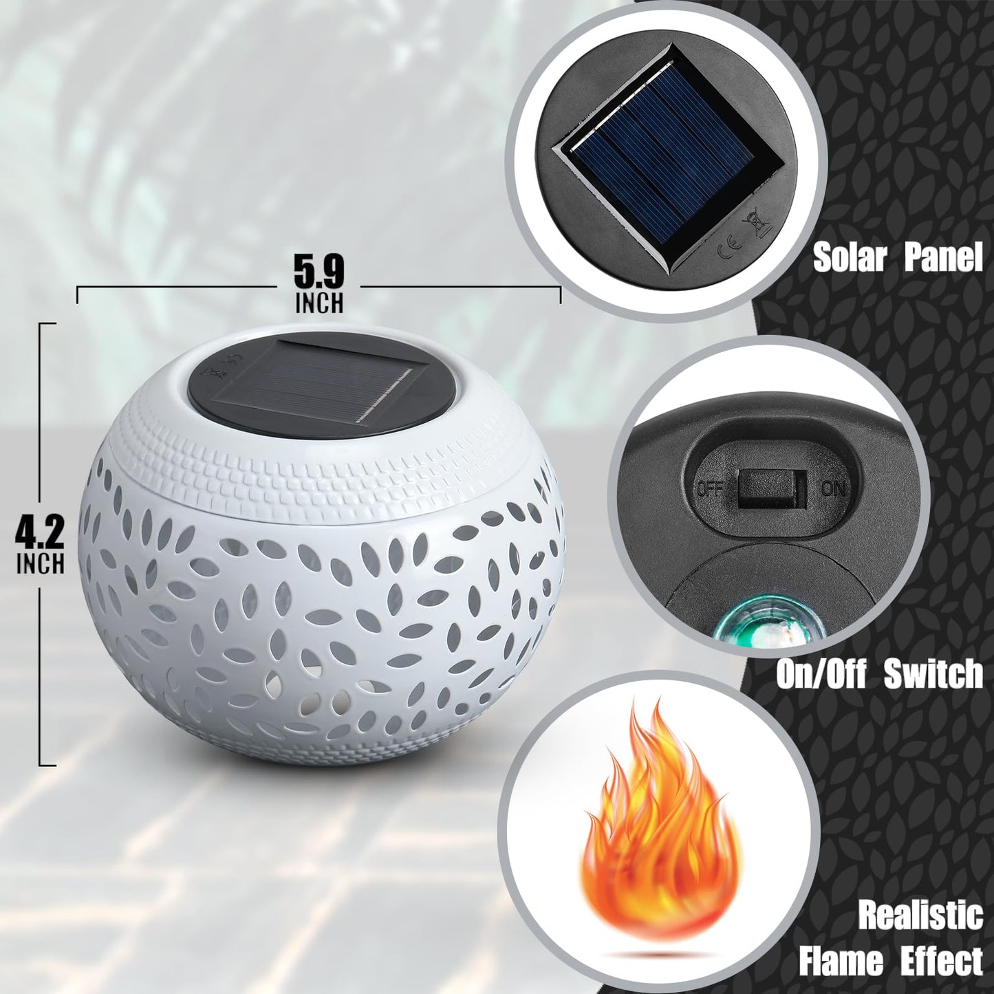 Reginary Solar Table Lantern - Outdoor Waterproof LED Light, Flickering Flame, Metal, White, Model EO-Reginary-2081