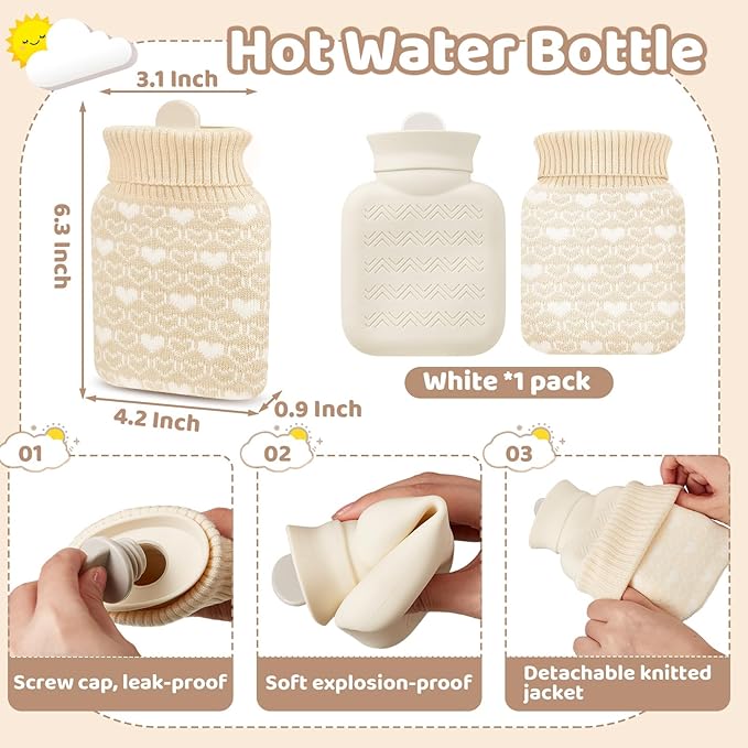 Amylove Mini Hot Water Bottle 320ml for Hot & Cold Compress with Cover Silicone Microwave Heating Small Water Bag for Travel Pain Relief Holiday Gifts(White)