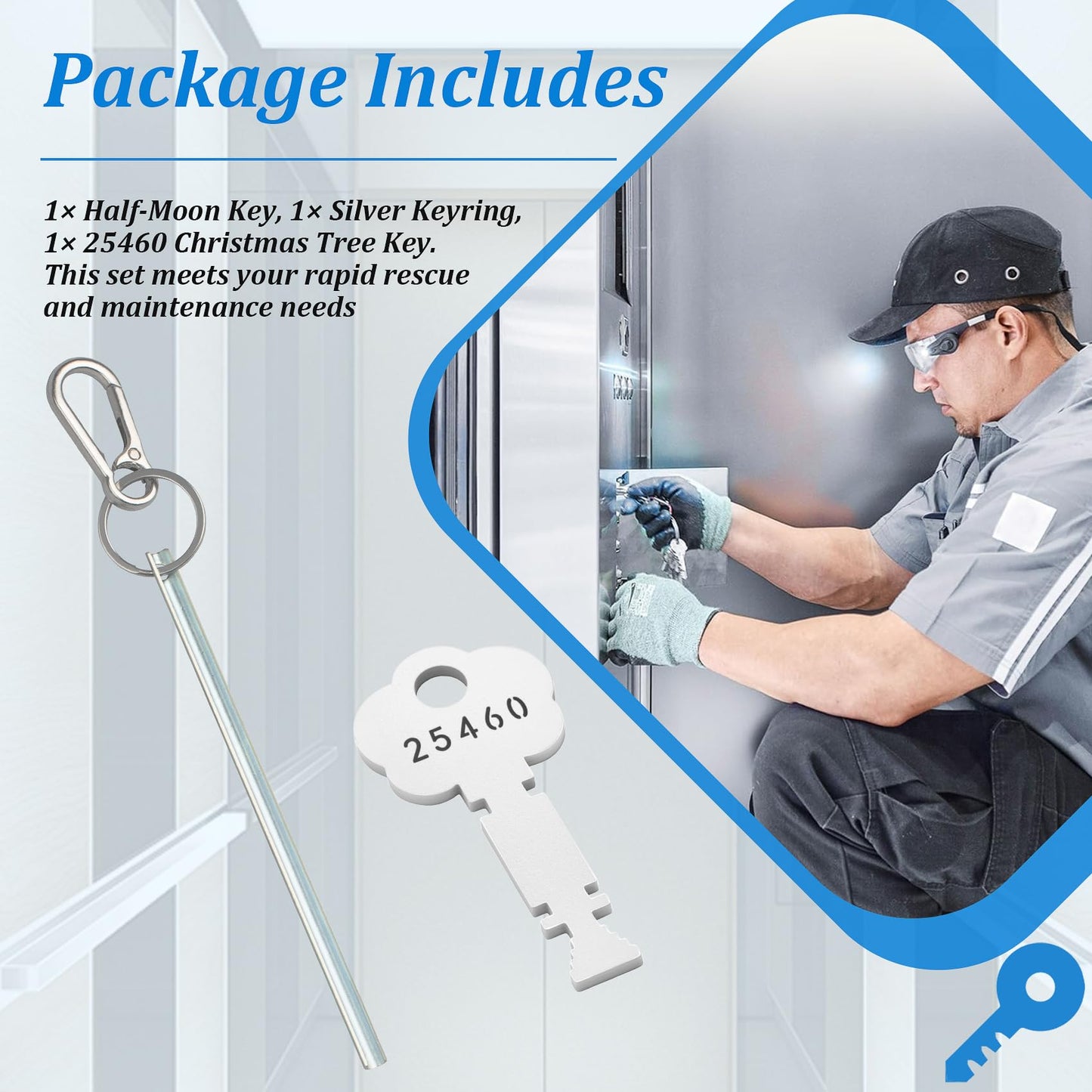 Half Moon Elevator Door Key + 25460 Fire Alarm Keys Set, Rapid Rescue and Maintenance Kit, Fire Rescue and Emergency Entry Keys, Firefighter Tools, Silver, Portable and Durable, 1-Pack